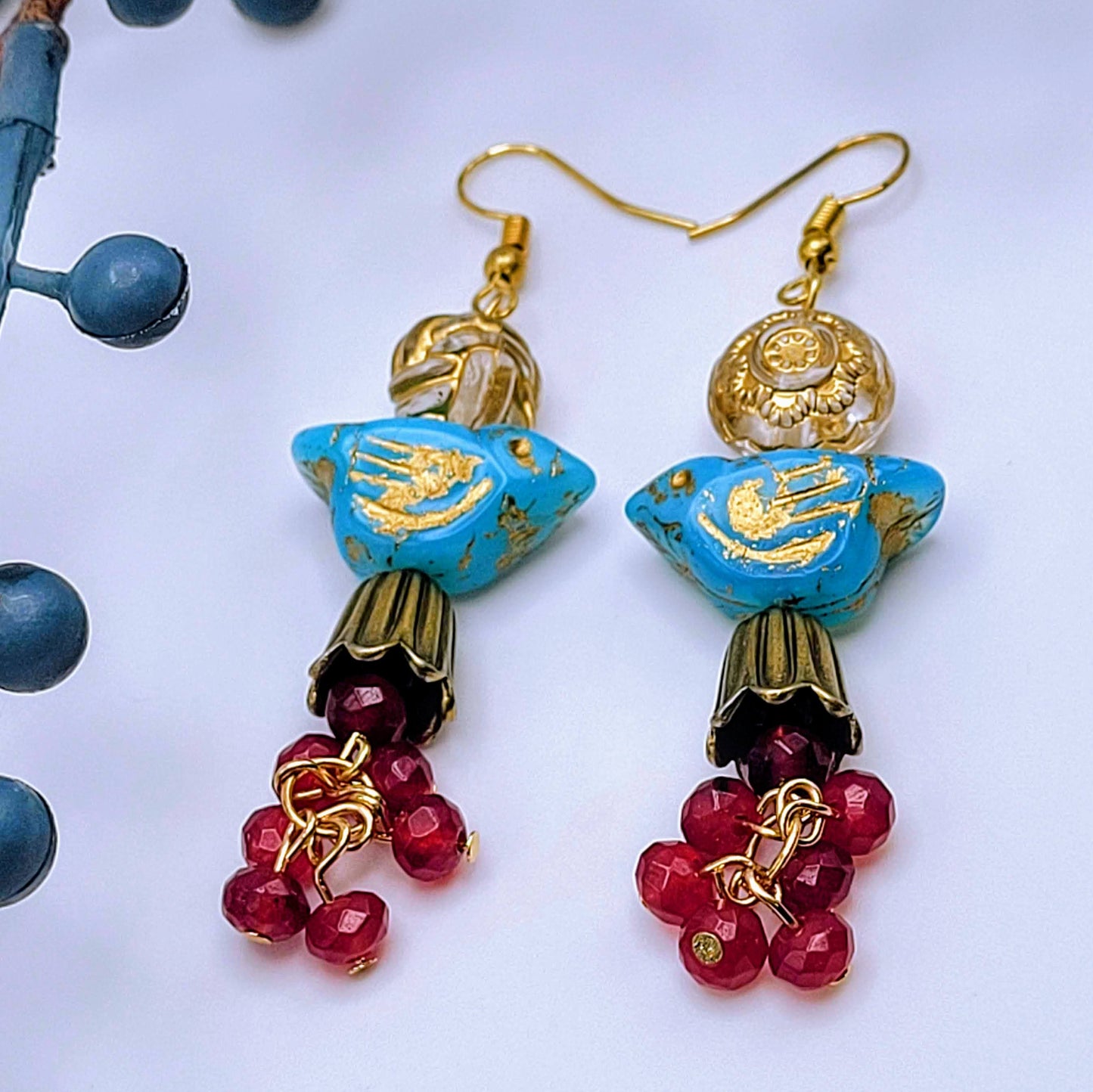 Blue Bird with Cranberry Bunch Earrings