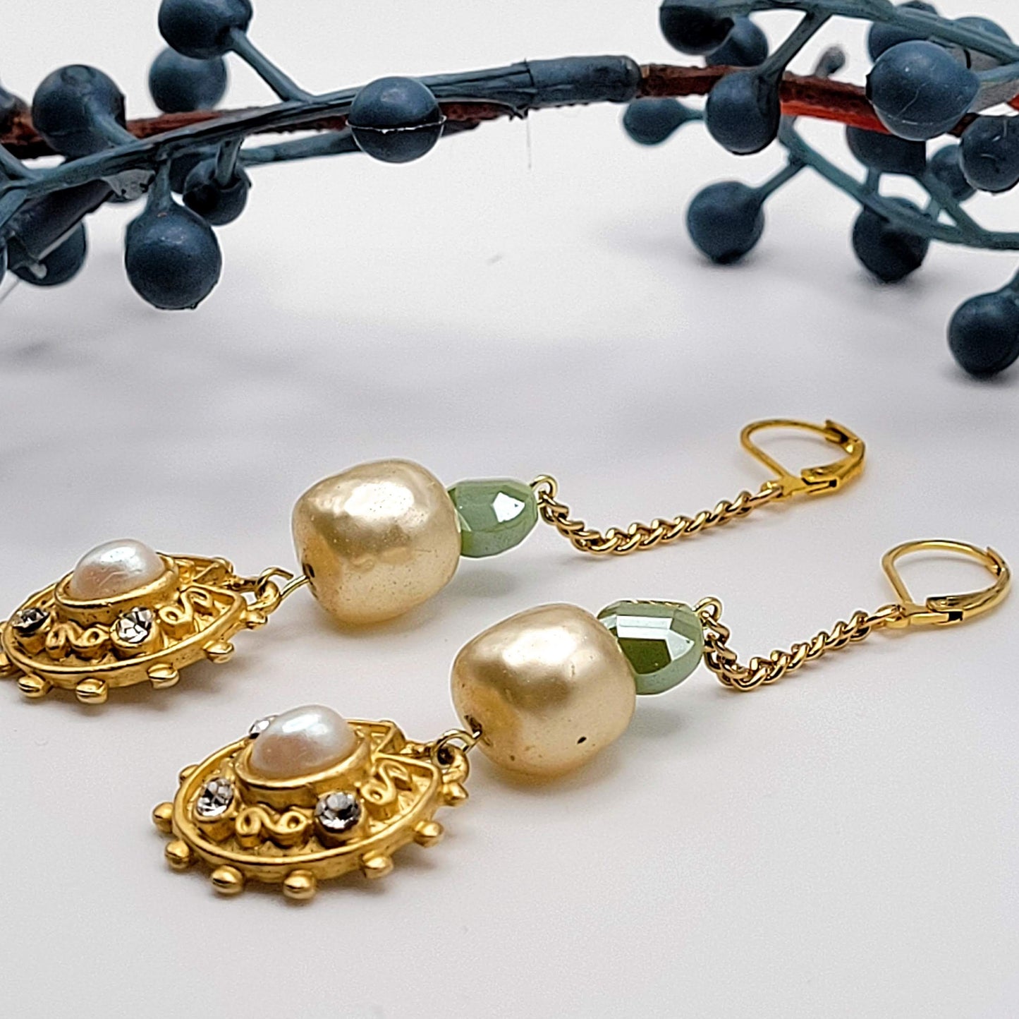 Vintage Gold Dangles with Large Pearl Earrings