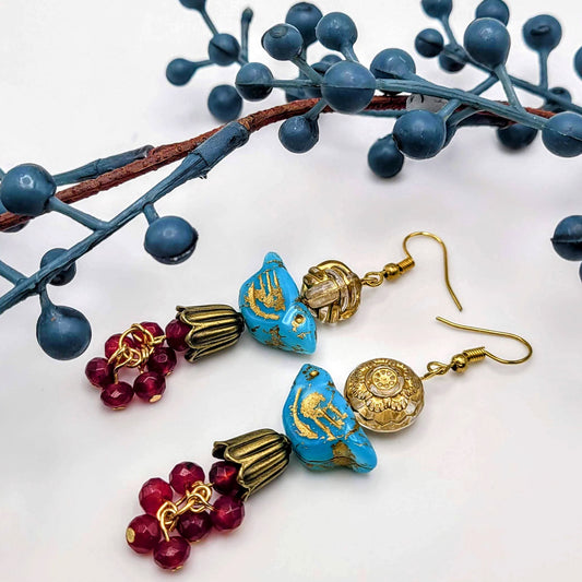 Blue Bird with Cranberry Bunch Earrings