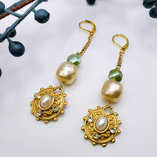 Vintage Gold Dangles with Large Pearl Earrings