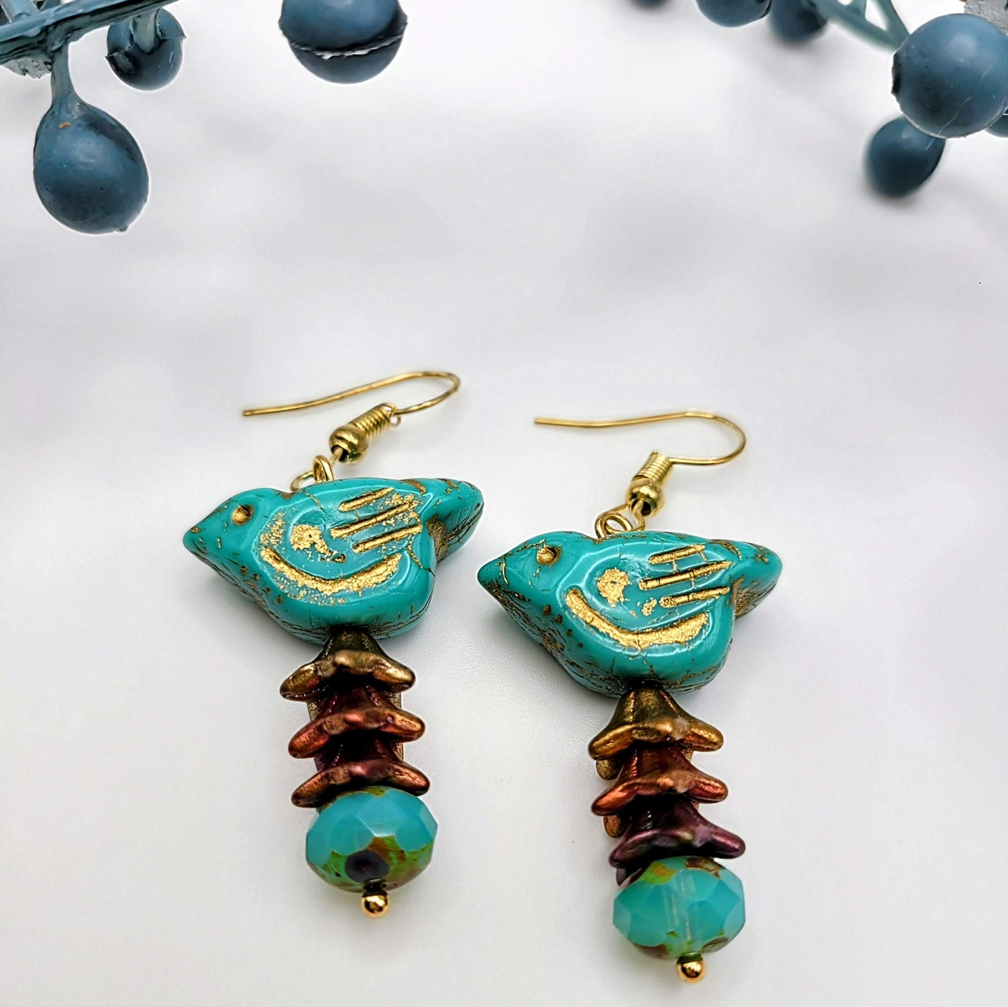 Turquoise Czech Glass Bird Earrings