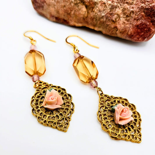 Gold-Toned Filigree with Rose Earrings