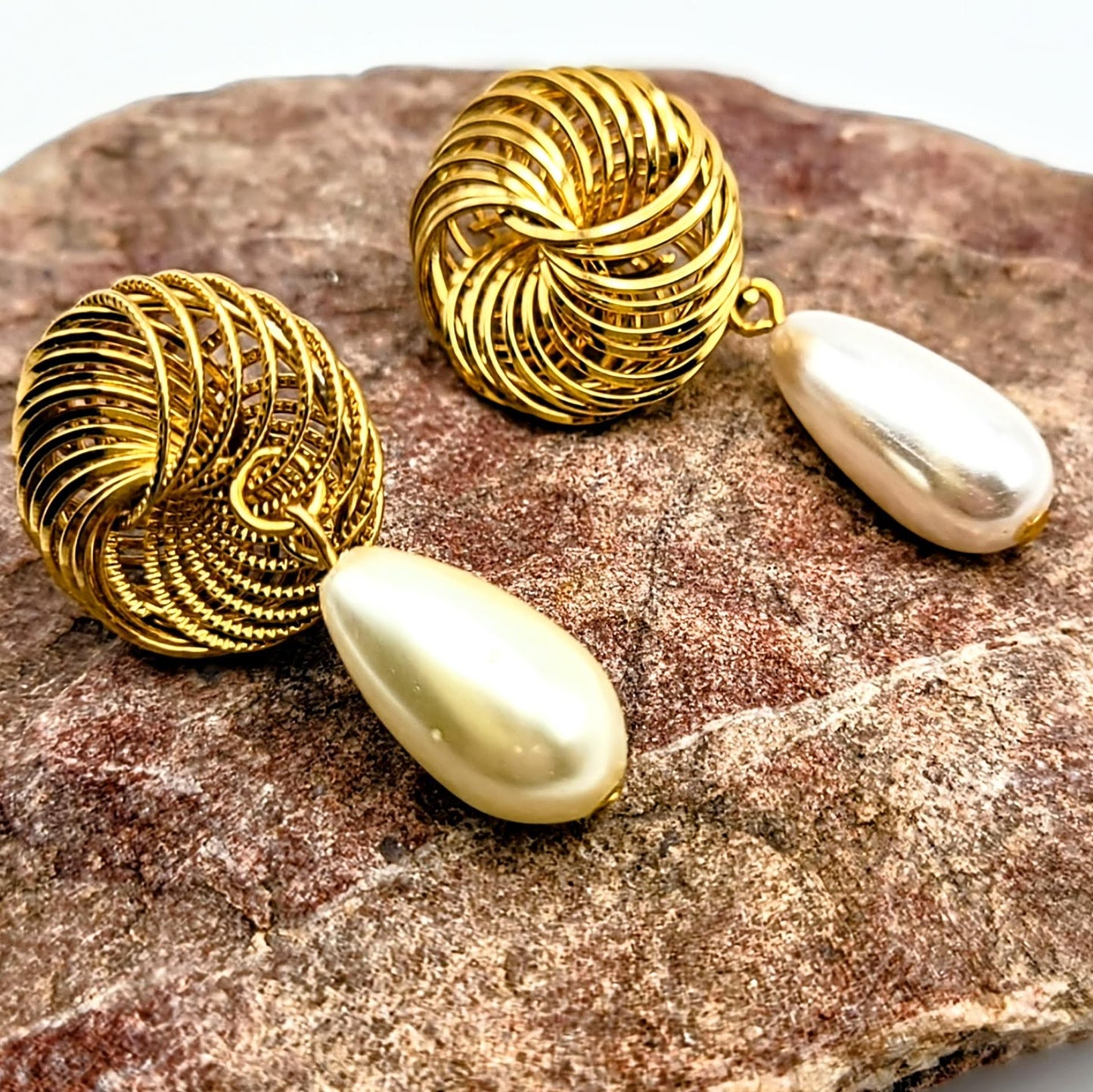 Vintage Gold Swirl with Faux Pearl Drop Earrings