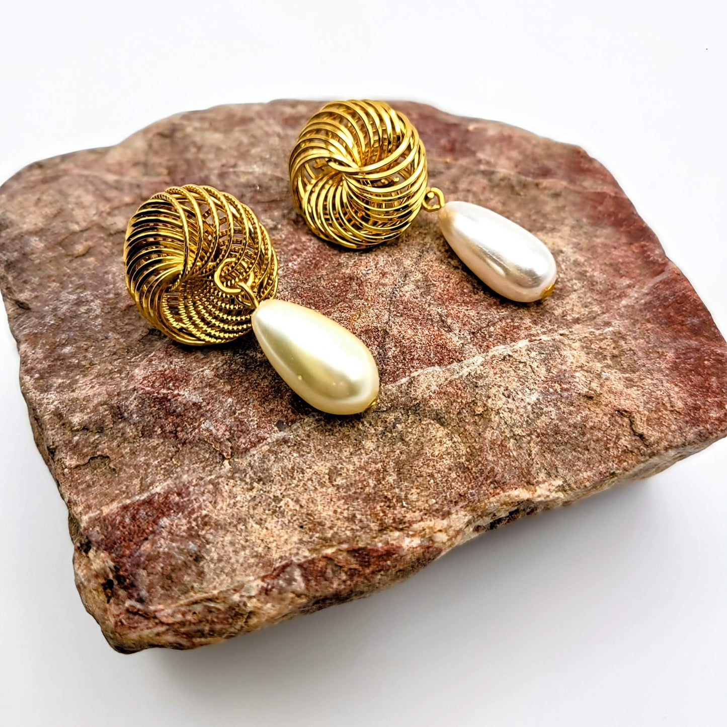 Vintage Gold Swirl with Faux Pearl Drop Earrings