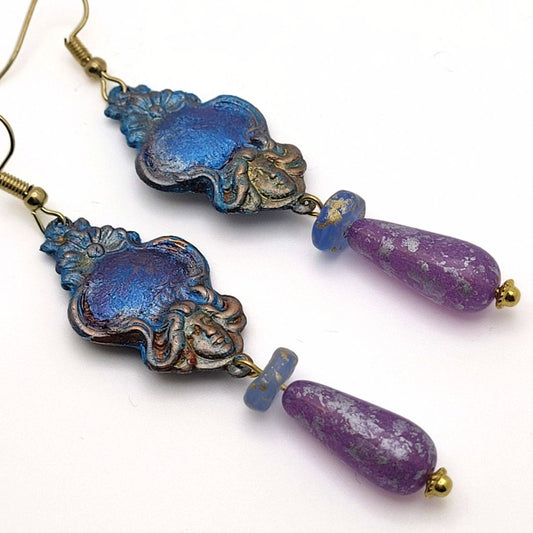 Blue and Purple hand-painted with glass drops. These earrings are fit for royalty.